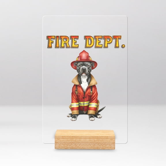 Firefighter Pitbull Hero Rescue Fire Dept Fireman USA Flag Acrylic Plaque Sign Ashwood Base Terrier Dog Lover Home Desk Decor - 02026