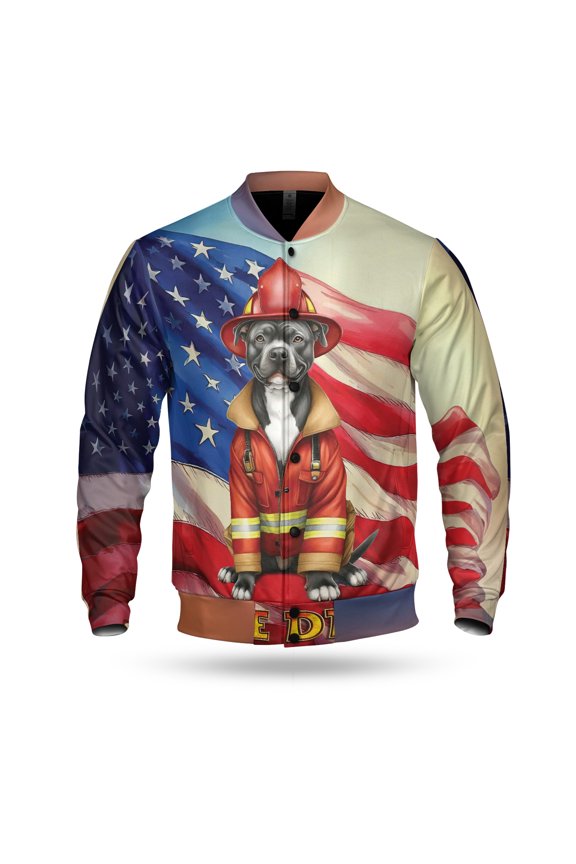 Firefighter Pitbull Hero Rescue Fire Dept Fireman USA Flag All Over Print 3D Baseball Jacket Terrier Dog Lover Bomber Jacket Softball - 02026