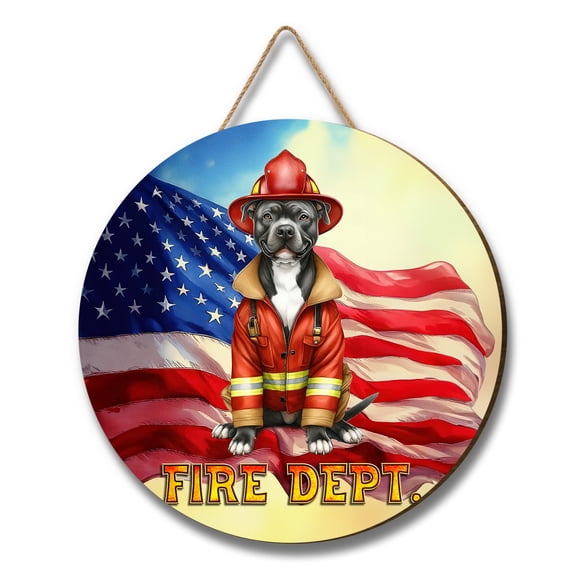 Firefighter Pitbull Hero Rescue Fire Dept Fireman USA Flag Round Wood Sign Terrier Dog Lover Hanging Wall Home Decor - 02026