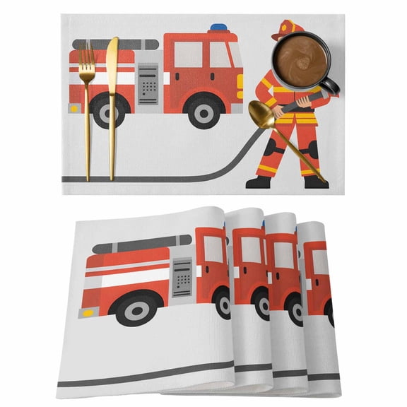 Firefighter Placemats Set of 12 Carton Fireman in Uniform Red Fire Truck Grey Heat Insulation Washable Place Mats, Non-Slip Table Mats for Dining Table Party Kitchen Decor,13x19 Inch