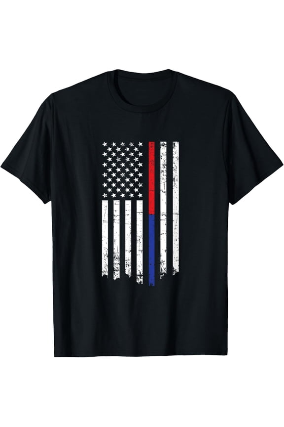Firefighter Police Officer Thin Red Blue Line American Flag T-Shirt