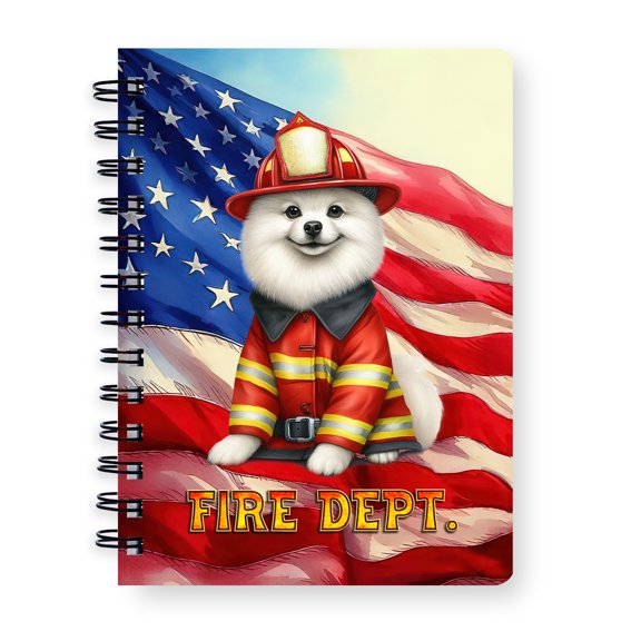 Firefighter Pomeranian Hero Rescue Fire Dept Fireman USA Flag Spiral Bound Journal Pom Dog Lover Gifts 5x7in Spiral Notebook - 02026