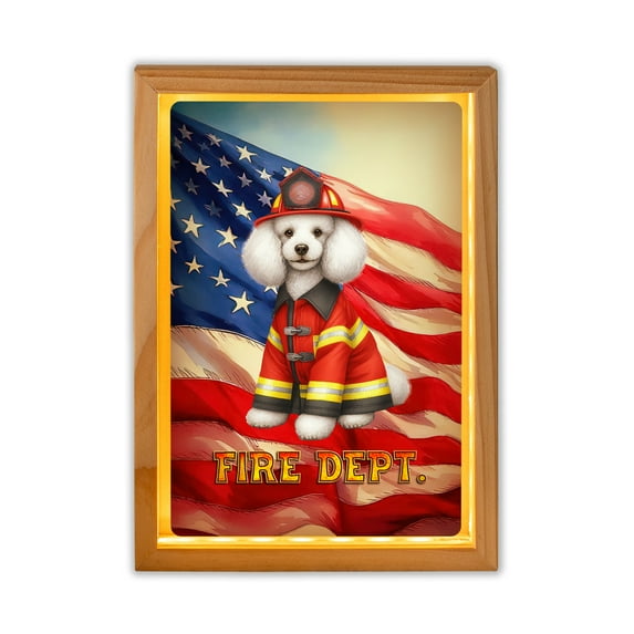 Firefighter Poodle Hero Rescue Fire Dept Fireman USA Flag Acrylic Plaque with Wood Photo Frame Box Poodles Dog Lover Gifts Idea Light Box - 02026