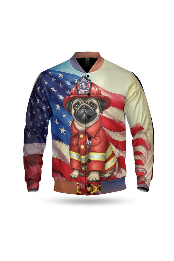 Firefighter Pug Hero Rescue Fire Dept Fireman USA Flag All Over Print 3D Baseball Jacket Dog Lover Gifts Bomber Jacket Softball - 02026