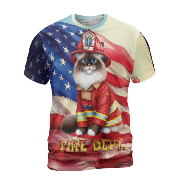 Firefighter Ragdoll Hero Rescue Fire Dept Fireman USA Flag All Over Print 3D Shirt Unisex Merch Cat Lover Kitten Owner Gifts Idea - 02026