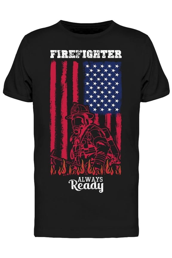 Firefighter Ready W/Usa Flag T-Shirt Men -Image by Shutterstock Men T-Shirt, Male 3X-Large