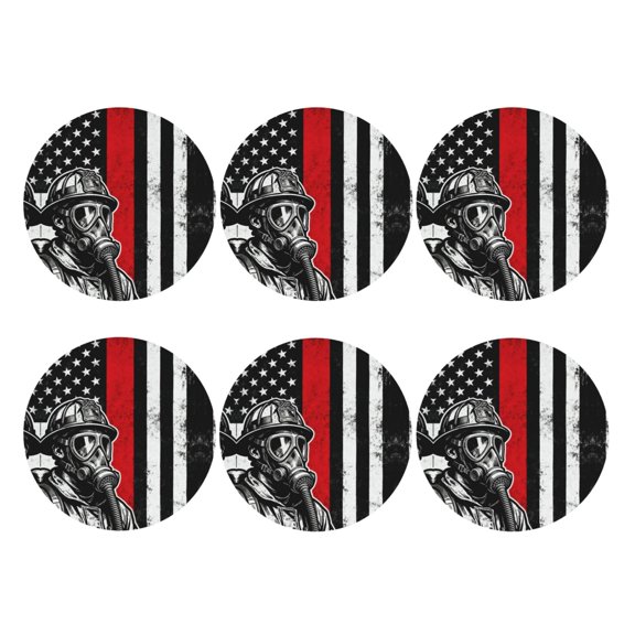 Firefighter Red Line Flag Leather Coasters for Drinks Perfect for Living Room, Kitchen, or Outdoor Use Set of 6 Round Shape