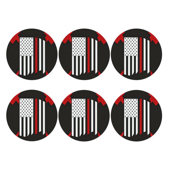 Firefighter Red Line Flag Leather Drink Coasters for Drinks (6 Pack) for Tabletop Protection Round Shape