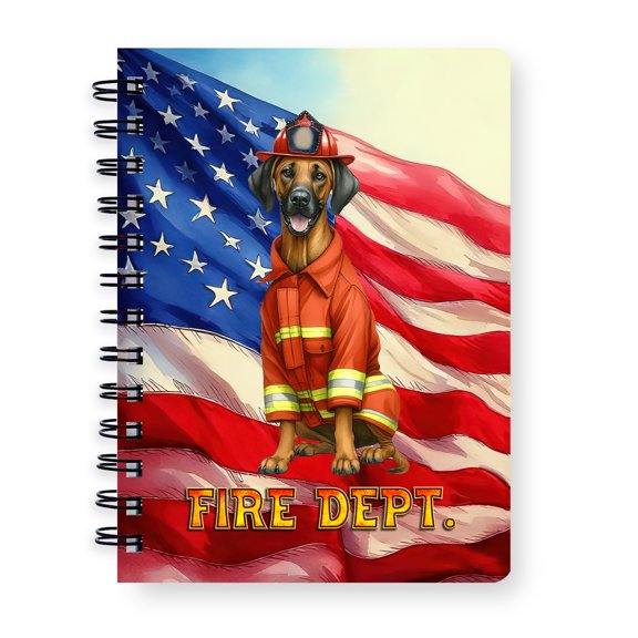 Firefighter Rhodesian Ridgeback Hero Rescue Fire Dept Fireman USA Flag Spiral Bound Journal Ridgebacks Dog Lover Gifts 5x7in Spiral Notebook - 02026