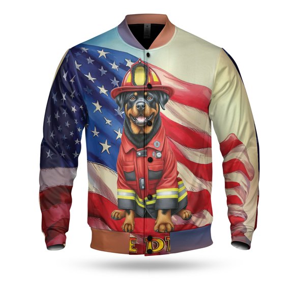 Firefighter Rottweiler Hero Rescue Fire Dept Fireman USA Flag All Over Print 3D Baseball Jacket Rottie Dog Lover Gifts Idea Bomber Jacket Softball - 02026