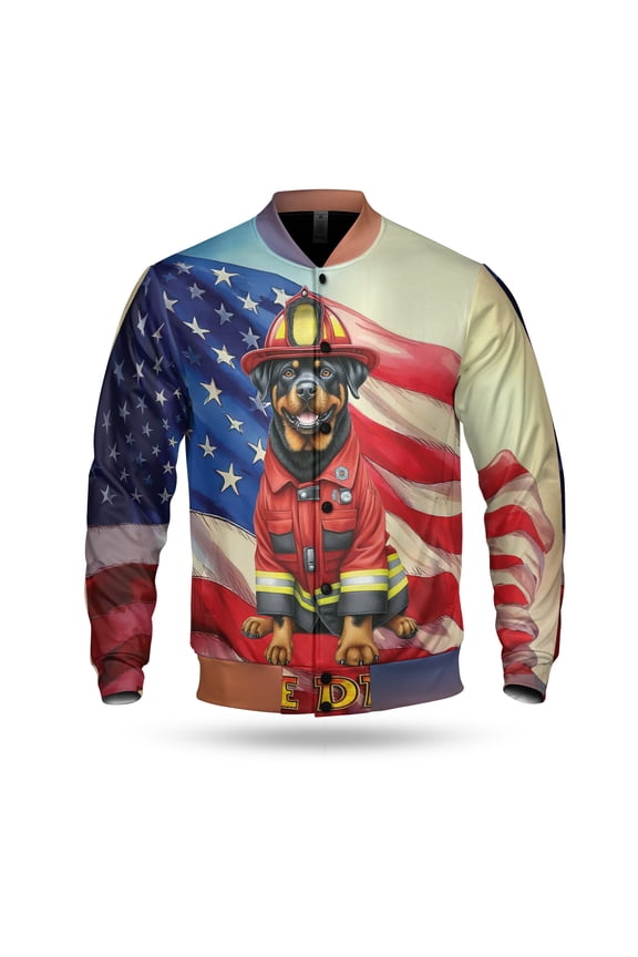 Firefighter Rottweiler Hero Rescue Fire Dept Fireman USA Flag All Over Print 3D Baseball Jacket Rottie Dog Lover Gifts Idea Bomber Jacket Softball - 02026