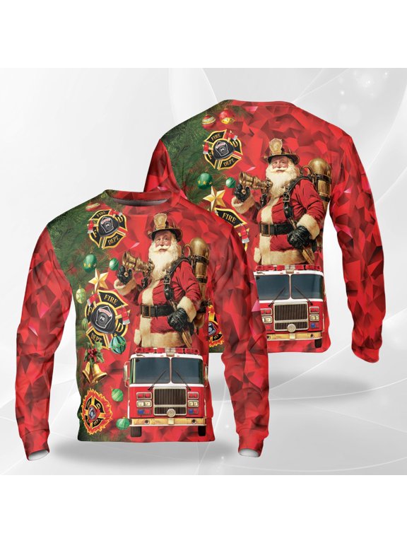 Firefighter Santa Christmas Sweatshirt, Santa with Fire Truck Holiday Crewneck, Fire Dept Christmas Pullover for Men Women