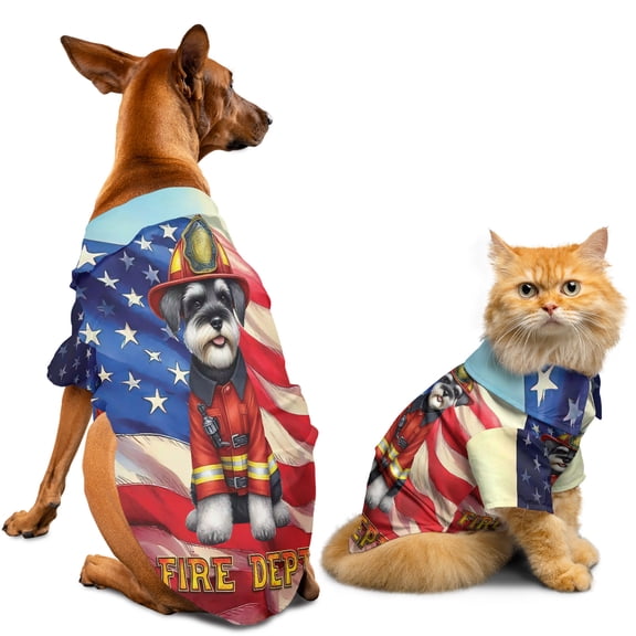 Firefighter Schnauzer Hero Rescue Fire Dept Fireman USA Flag Hawaiian Summer Shirt for Small Medium Large Dog Cat Miniature Schnauzer Dog Lover - 02026