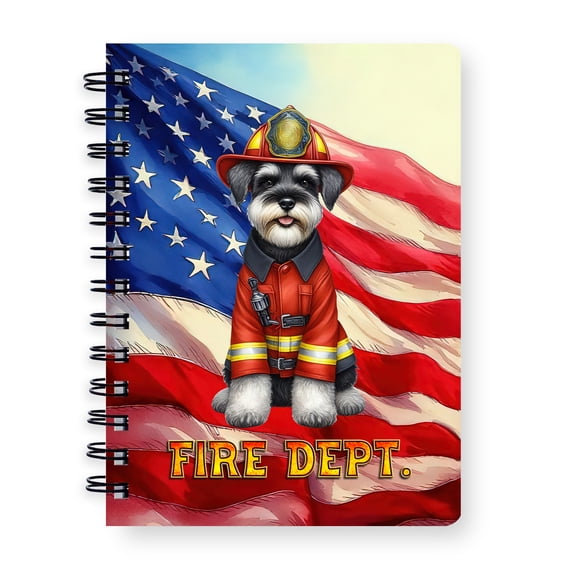 Firefighter Schnauzer Hero Rescue Fire Dept Fireman USA Flag Spiral Bound Journal Miniature Schnauzer Dog Lover 5x7in Spiral Notebook - 02026