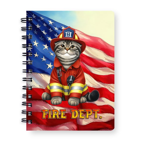 Firefighter Scottish Fold Hero Rescue Fire Dept Fireman USA Flag Spiral Bound Journal Cat Lover Kitten Owner Gifts 5x7in Spiral Notebook - 02026