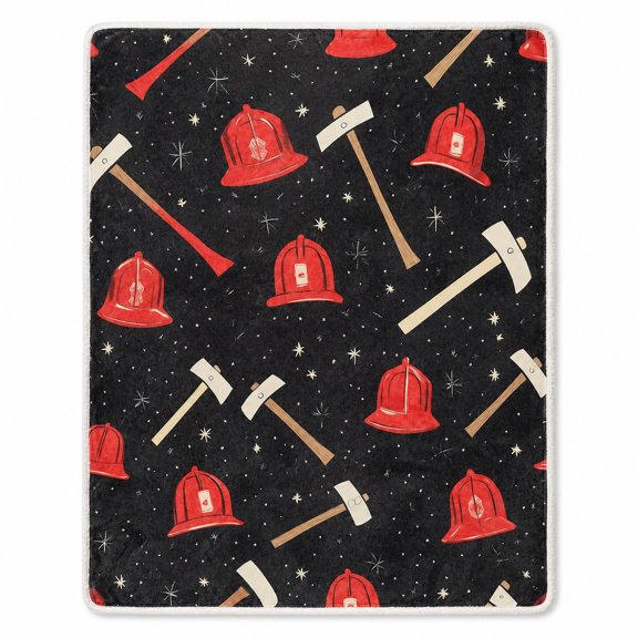 Firefighter Sherpa Throw Blanket, Soft Polyester Fleece with Red Helmet and Axe Print