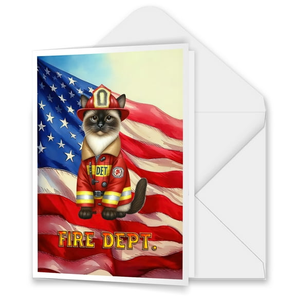 Firefighter Siamese Hero Rescue Fire Dept Fireman USA Flag 5x7in Folded Greeting Card Cat Lover Kitten Owner Gifts Single Note Card with Envelope - 02026