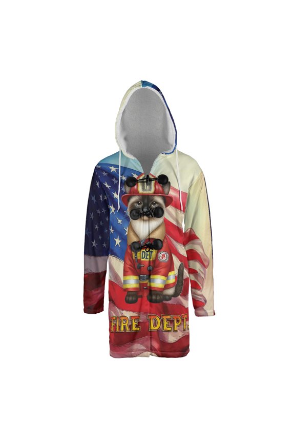 Firefighter Siamese Hero Rescue Fire Dept Fireman USA Flag All Over Print 3D Hooded Duffle Toggle Coat Cat Lover Kitten Owner Gifts - 02026
