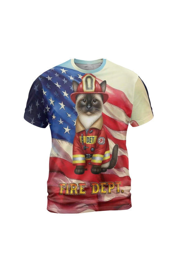 Firefighter Siamese Hero Rescue Fire Dept Fireman USA Flag All Over Print 3D Shirt Unisex Merch Cat Lover Kitten Owner Gifts - 02026