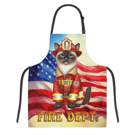 Firefighter Siamese Hero Rescue Fire Dept Fireman USA Flag Apron Cat Lover Kitten Owner Gifts for Cooking Grilling Baking Painting Gardening - 02026