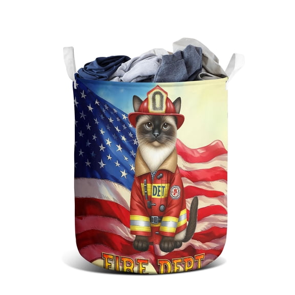 Firefighter Siamese Hero Rescue Fire Dept Fireman USA Flag Foldable Laundry Basket Cat Lover Kitten Owner Gifts Organizer Storage with Handles - 02026