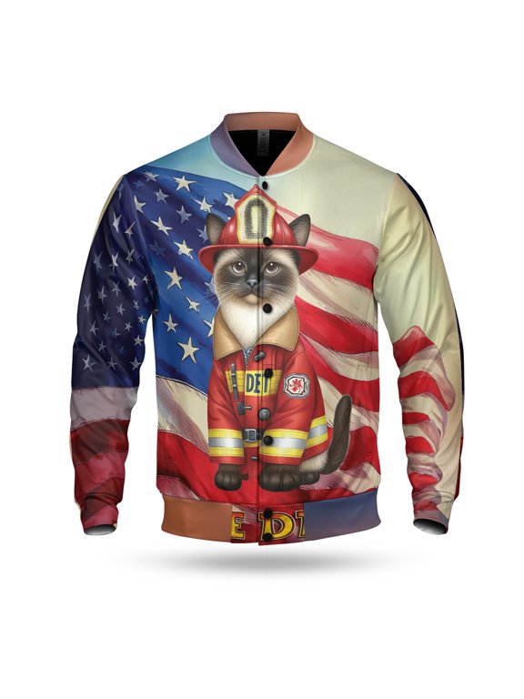 Firefighter Siamese Hero Rescue Fire Dept Fireman USA Flag All Over Print 3D Baseball Jacket Cat Lover Kitten Owner Gifts Bomber Jacket Softball - 02026