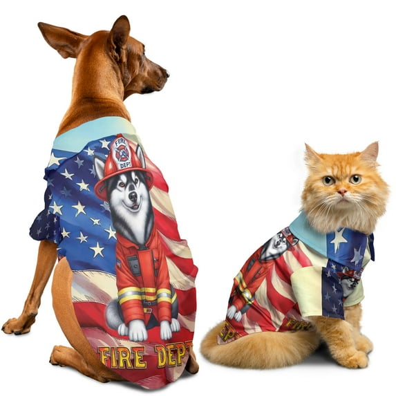 Firefighter Siberian Husky Hero Rescue Fire Dept Fireman USA Flag Hawaiian Summer Shirt for Small Medium Large Dog Cat Husky Dog Lover Gifts - 02026