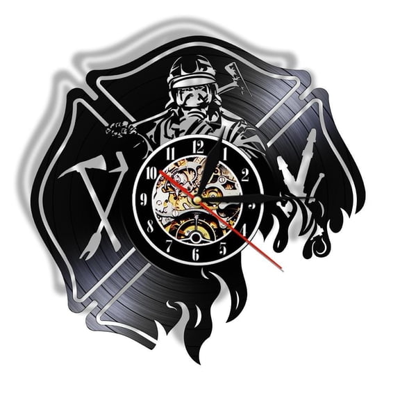 Firefighter Silent Quartz Wall Watch Vintage Vinyl Record Wall Clock Fireman's Prayer Gift Fire Department Office Wall Decor Without LED