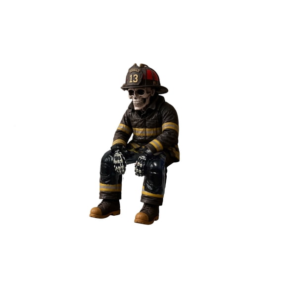 Firefighter Skeleton Shelf Sitter, 3D Retro Fire Suit Skeleton Table Figurine, Fireman Skeletons Resin Bookshelf Decor, Firemen Tribute Resin Statues Ornament for Shelf Desk (5.71in)