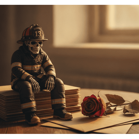 Firefighter Skeleton Shelf Sitter, Engine 13 Resin Fireman Skull Statue, Hero Tribute Memorial Figurine, Gothic Edge Sitting Decor for Bookshelf Desk, Rescue First Responder Gift (1PCS)