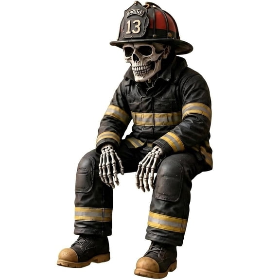 Firefighter Skeleton Shelf Sitter Figurine, Gothic Engine 13 Fireman Skull Statue, Halloween Mantel Desk Decor, First Responder Tribute Gift for Active & Retired Firefighters (L)