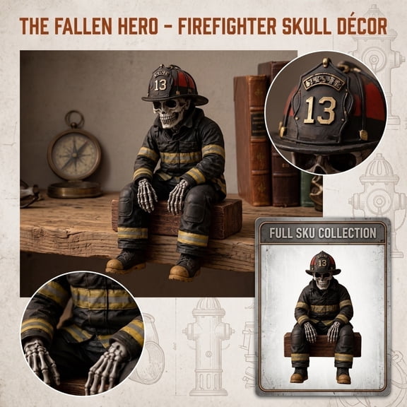 Firefighter Skeleton Shelf Sitter, Gothic Engine 13 Fireman Skull Figurine Resin Ornament Home Desktop Halloween Decorations Honor & Firefighter Tribute Gift - 4.7"