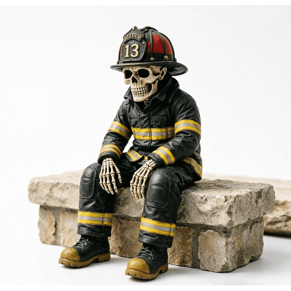 Firefighter Skeleton Shelf Sitter,Vintage Firefighter Skeleton Shelf Sitter Resin Statue, Fireman Tribute Decor Figurine for Bookshelf & Desk Display