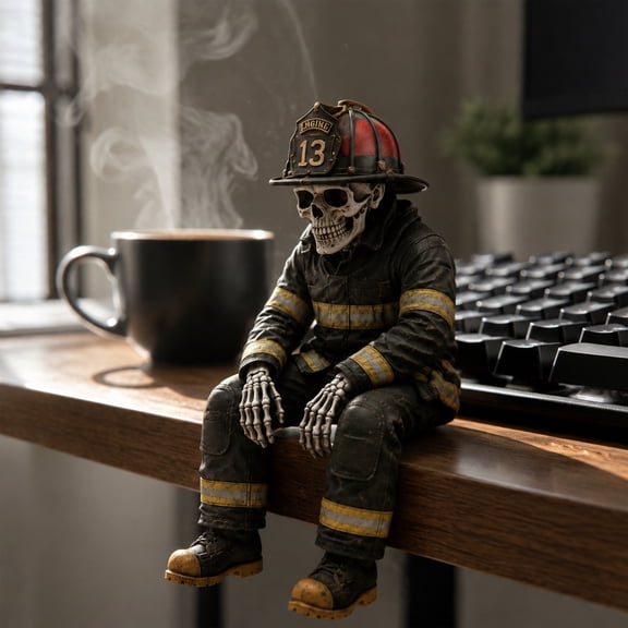 Firefighter Skeleton Sitter, 4 Inch Resin Skull Seated, Desktop Tabletop Shelf Display, Handcrafted Gothic Art Design Build, Autumn Halloween Party Accent Gift Gift