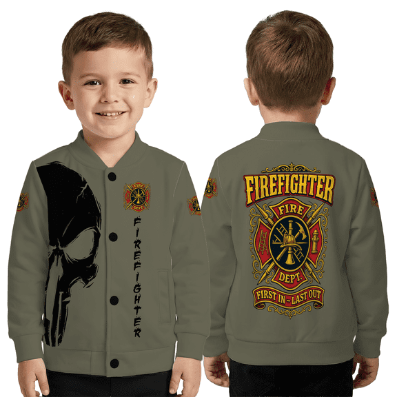 Firefighter Skull Apparel, First In Last Out Fire Dept Jacket, Skull Graphic Baseball Jacket, Firefighter Support Outerwear
