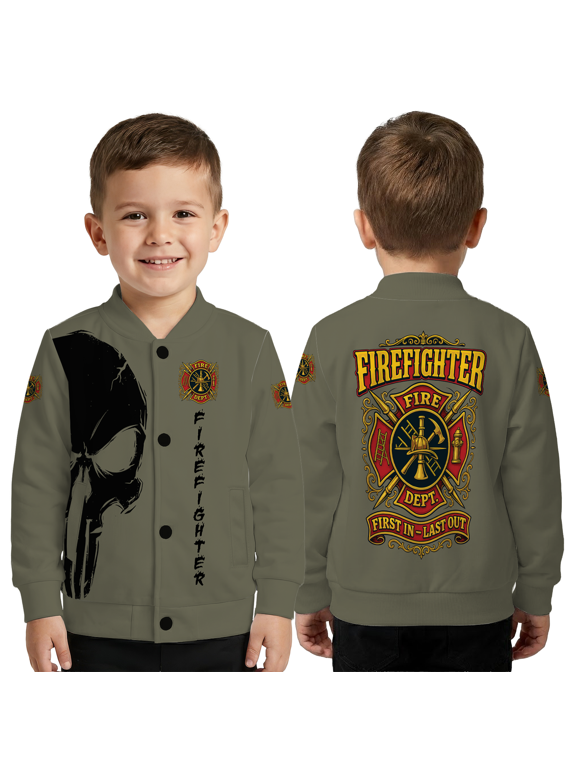 Firefighter Skull Apparel, First In Last Out Fire Dept Jacket, Skull Graphic Baseball Jacket, Firefighter Support Outerwear