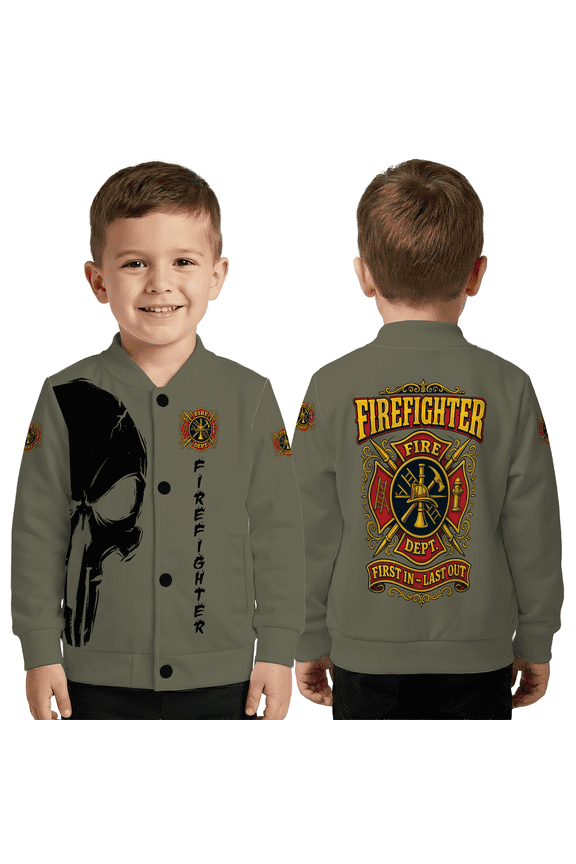 Firefighter Skull Apparel, First In Last Out Fire Dept Jacket, Skull Graphic Baseball Jacket, Firefighter Support Outerwear