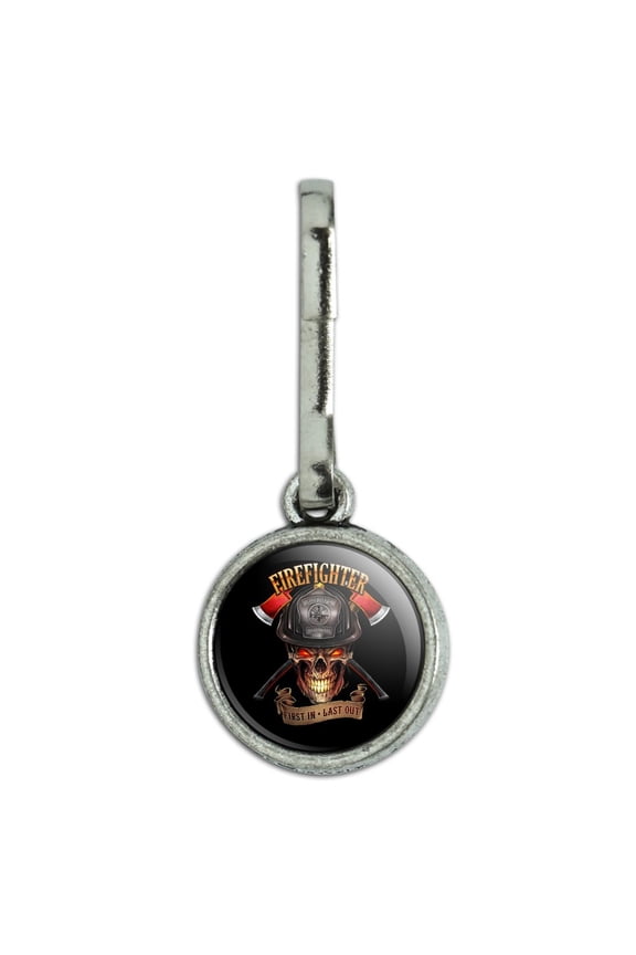 Firefighter Skull First In Last Out Fireman Antiqued Charm Clothes Purse Suitcase Backpack Zipper Pull Aid
