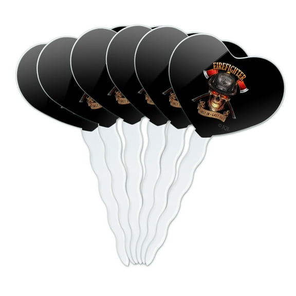 Firefighter Skull First In Last Out Fireman Heart Love Cupcake Picks Toppers Decoration Set of 6