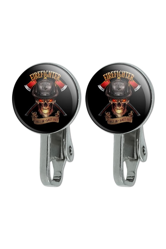 Firefighter Skull First In Last Out Fireman Novelty Clip-On Stud Earrings