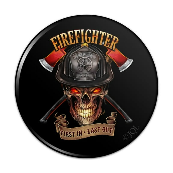 Firefighter Skull First In Last Out Fireman Pinback Button Pin