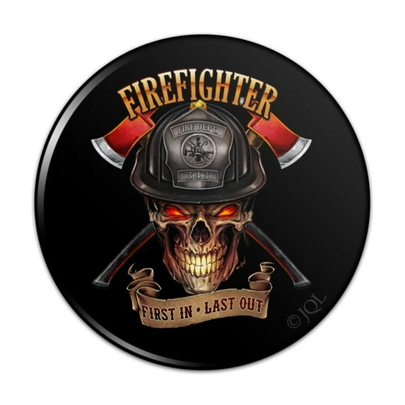 Firefighter Skull First In Last Out Fireman Pinback Button Pin