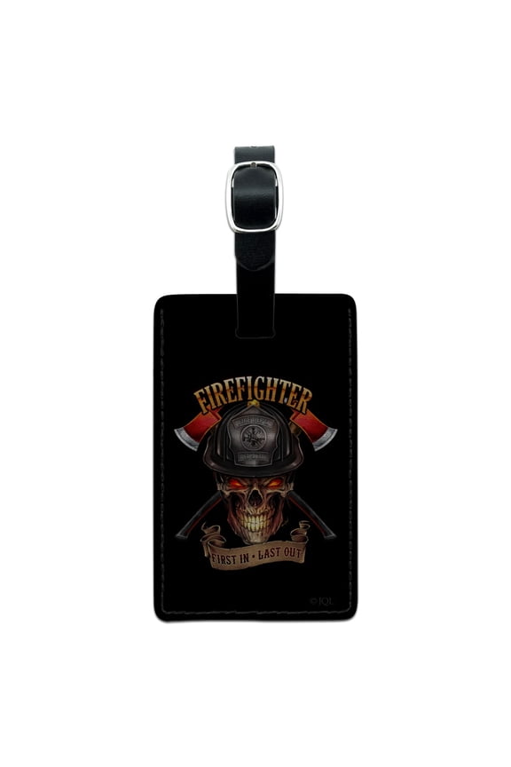Firefighter Skull First In Last Out Fireman Rectangle Leather Luggage Card Suitcase Carry-On ID Tag
