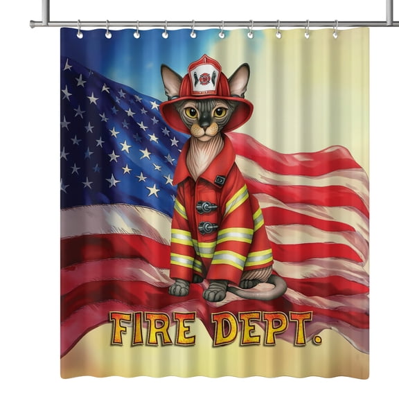 Firefighter Sphynx Hero Rescue Fire Dept Fireman USA Flag Shower Curtain Cat Lover Kitten Owner Gifts Idea Waterproof Bathroom Bathtub Curtain - 02026