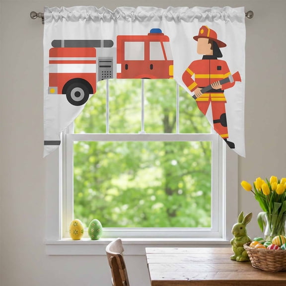 Firefighter Swag Valances for Kitchen Window, Carton Fireman in Uniform Red Fire Truck Grey Small Swag Valances Rod Pocket Curtain Drapes Window Treatment for Bedroom Bathroom, 56x36 Inch