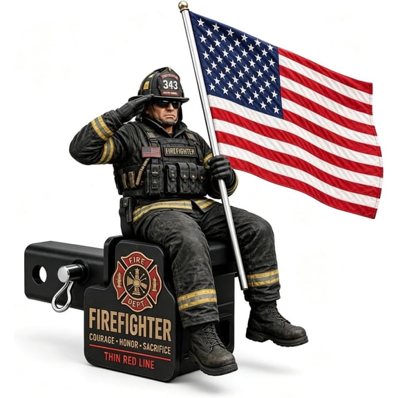 Firefighter Thin Red Line Trailer Hitch Cover, American Flag Saluting Firefighter Hitch Plug for 1.25 and 2 Inch Truck SUV RV Receiver Decor