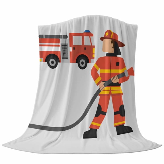 Firefighter Throw Flannel Blanket Carton Fireman in Uniform Red Fire Truck Grey Super Soft Cozy Bed Blanket, Lightweight Plush Fuzzy Bed Throw for Bedroom Sofa Couch Living Room 50x60In,