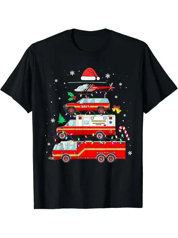 Firefighter Truck Christmas Tree Lights Santa Fireman Xmas T-Shirt