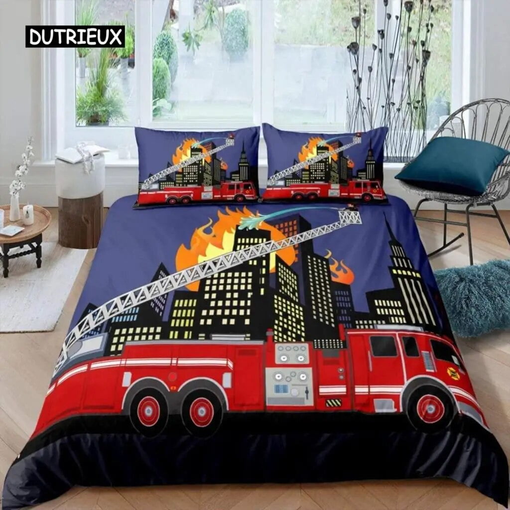 Firefighter Truck Duvet Cover Set Kids Firemen Car Vehicle Bedding Set ...