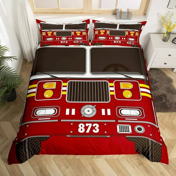 Firefighter Truck Red Firemen Car Bedding Set Boys Twin Size Duvet Cover Pillowcase Bed Kids Adult